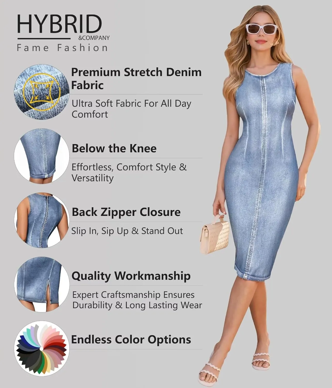 Hybrid & Company Womens Super Stretch Slim Fit Crew Neck Sleeveless Denim Dress