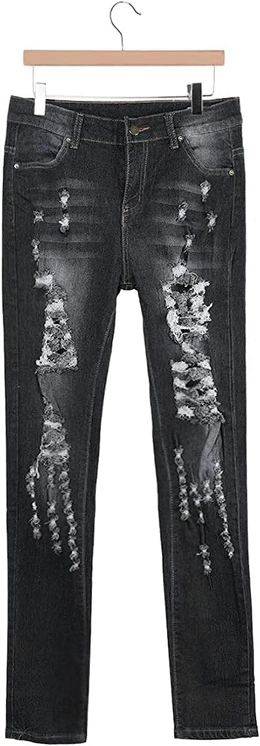 JEKE-DG Women's High Waist Plus Size Destroyed Jeans Slim Skinny Ripped Trousers Stretch Denim Pants