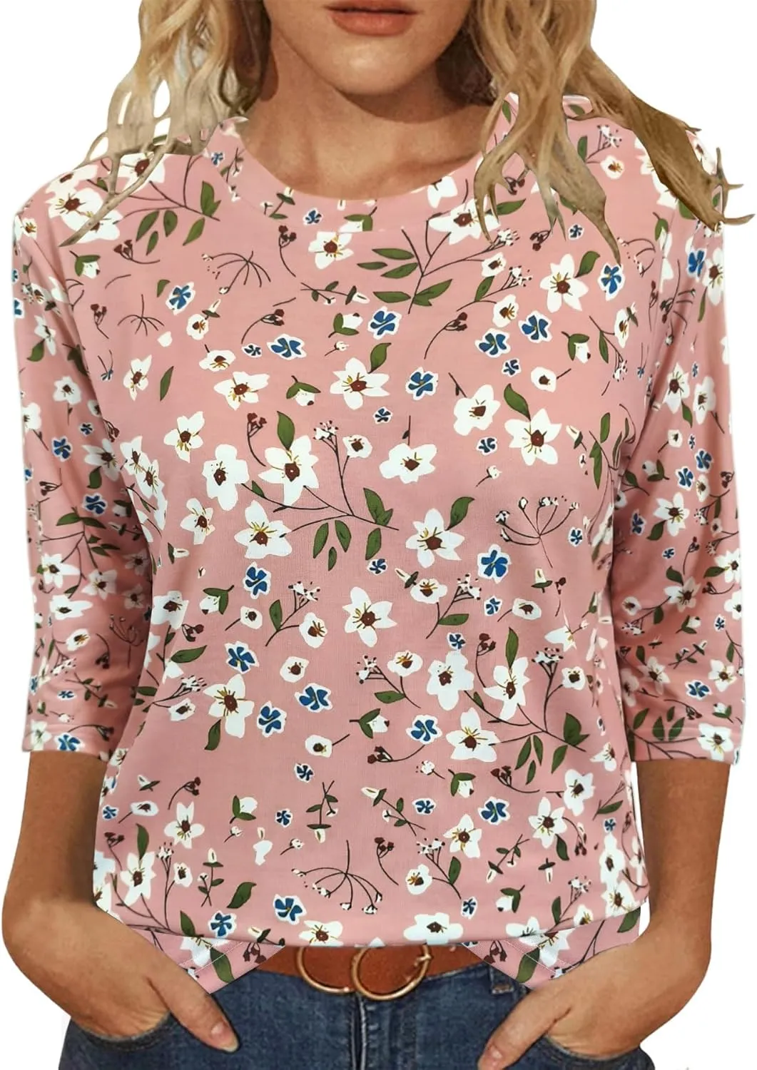 JomeDesign Womens Tops 3/4 Sleeve Shirts Round Neck Loose Casual Blouses Floral Print Tshirts