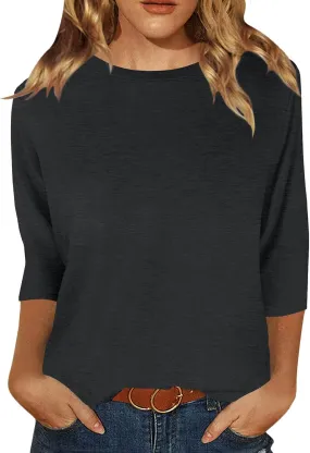 JomeDesign Womens Tops 3/4 Sleeve Shirts Round Neck Loose Casual Blouses Floral Print Tshirts