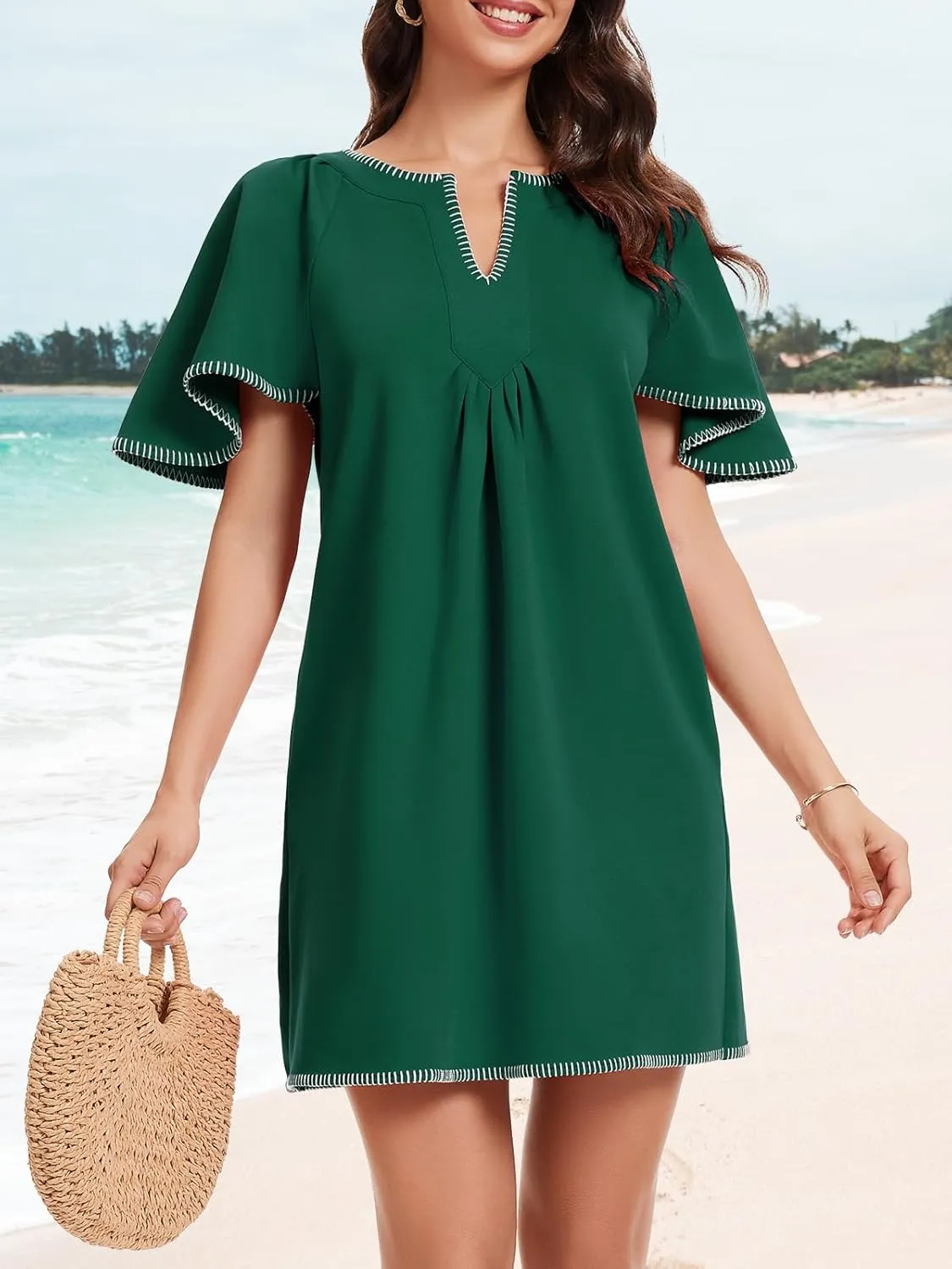 KEOMUD Women's Summer Short Sleeve Mini Dress 2025 Casual V Neck Contrast Trim Flowy Shift Dresses with Pockets