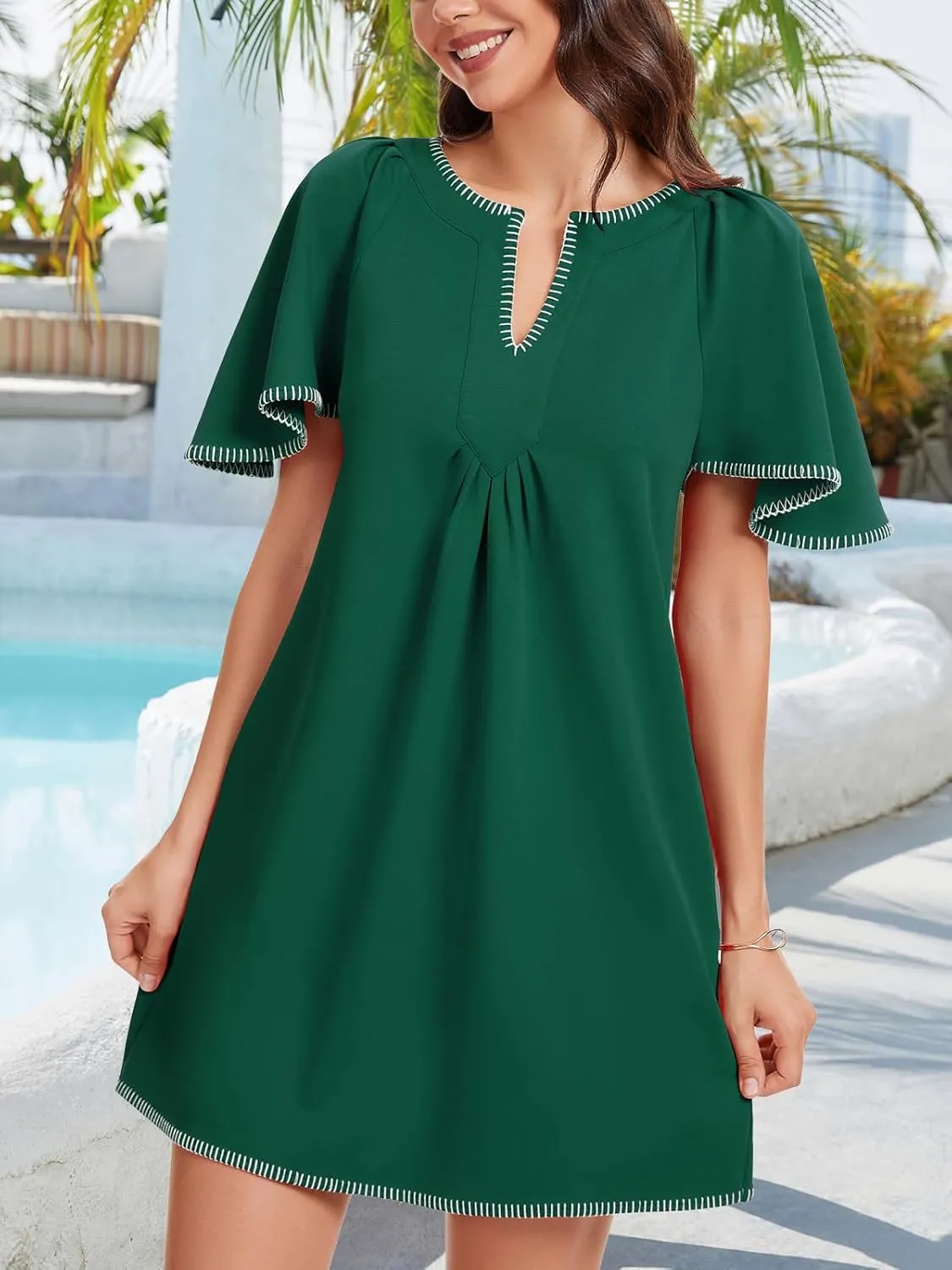 KEOMUD Women's Summer Short Sleeve Mini Dress 2025 Casual V Neck Contrast Trim Flowy Shift Dresses with Pockets