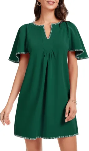 KEOMUD Women's Summer Short Sleeve Mini Dress 2025 Casual V Neck Contrast Trim Flowy Shift Dresses with Pockets