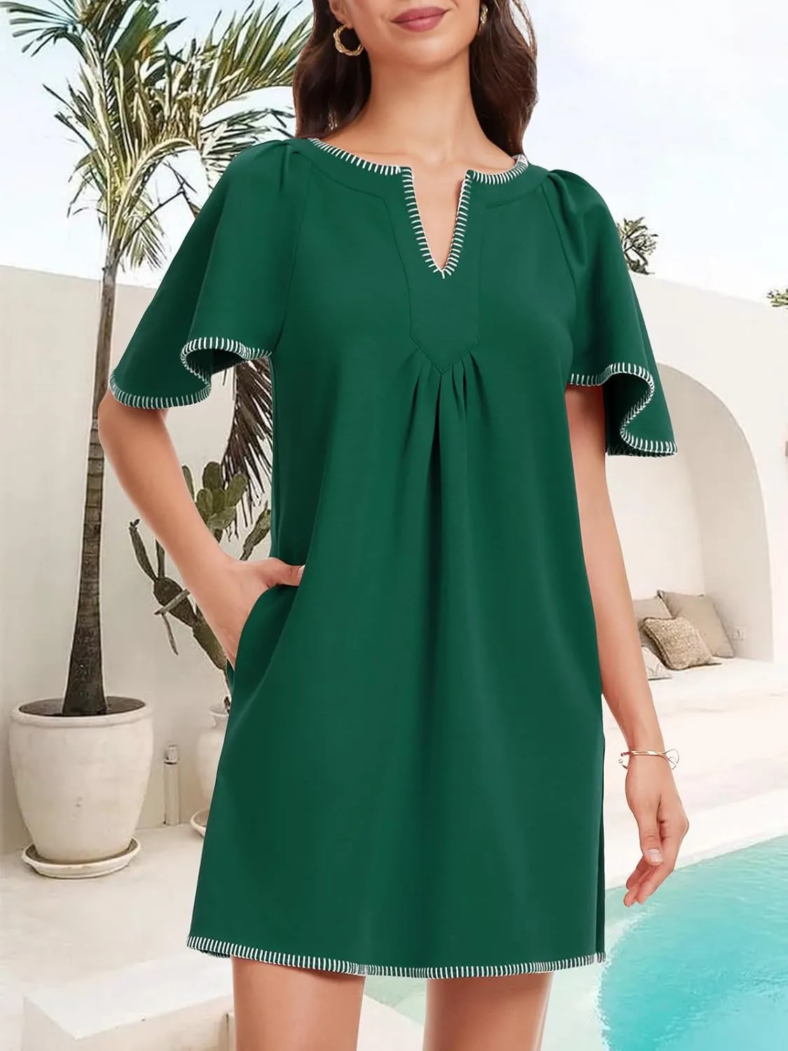 KEOMUD Women's Summer Short Sleeve Mini Dress 2025 Casual V Neck Contrast Trim Flowy Shift Dresses with Pockets