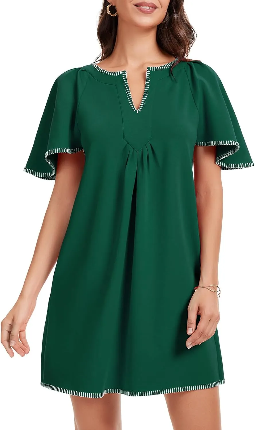 KEOMUD Women's Summer Short Sleeve Mini Dress 2025 Casual V Neck Contrast Trim Flowy Shift Dresses with Pockets