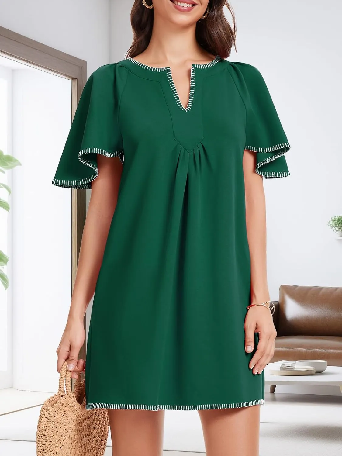 KEOMUD Women's Summer Short Sleeve Mini Dress 2025 Casual V Neck Contrast Trim Flowy Shift Dresses with Pockets