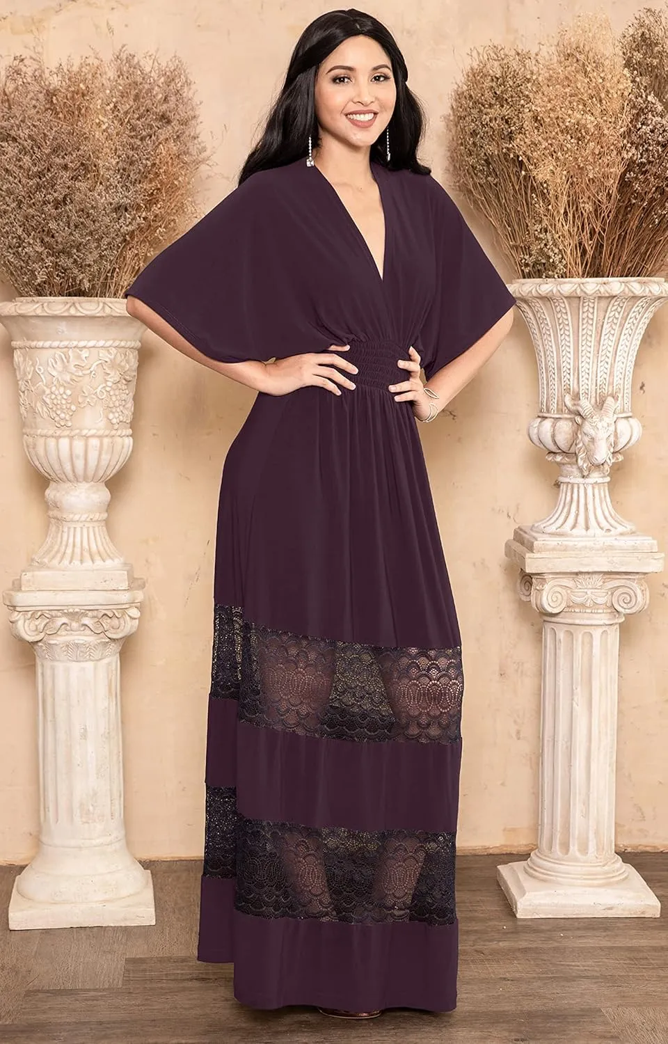 KOH KOH Womens Sexy Summer V-Neck Half Sleeve Layered Lace Maxi Dress