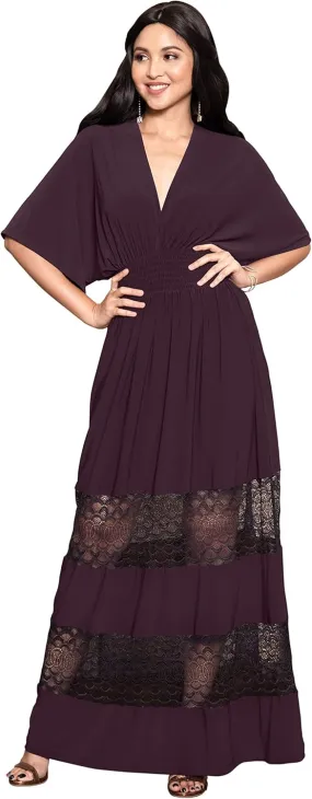 KOH KOH Womens Sexy Summer V-Neck Half Sleeve Layered Lace Maxi Dress