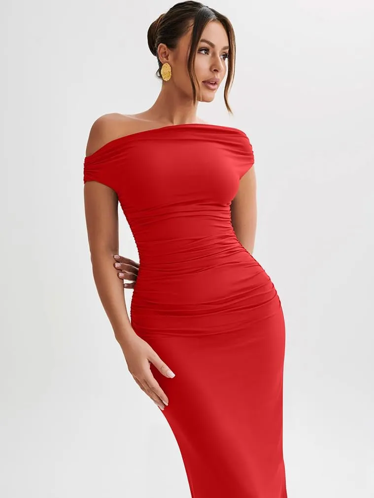 LAGSHIAN Women's Elegant One Shoulder Sleeveless Bodycon Ruched Party Cocktail Formal Midi Dress
