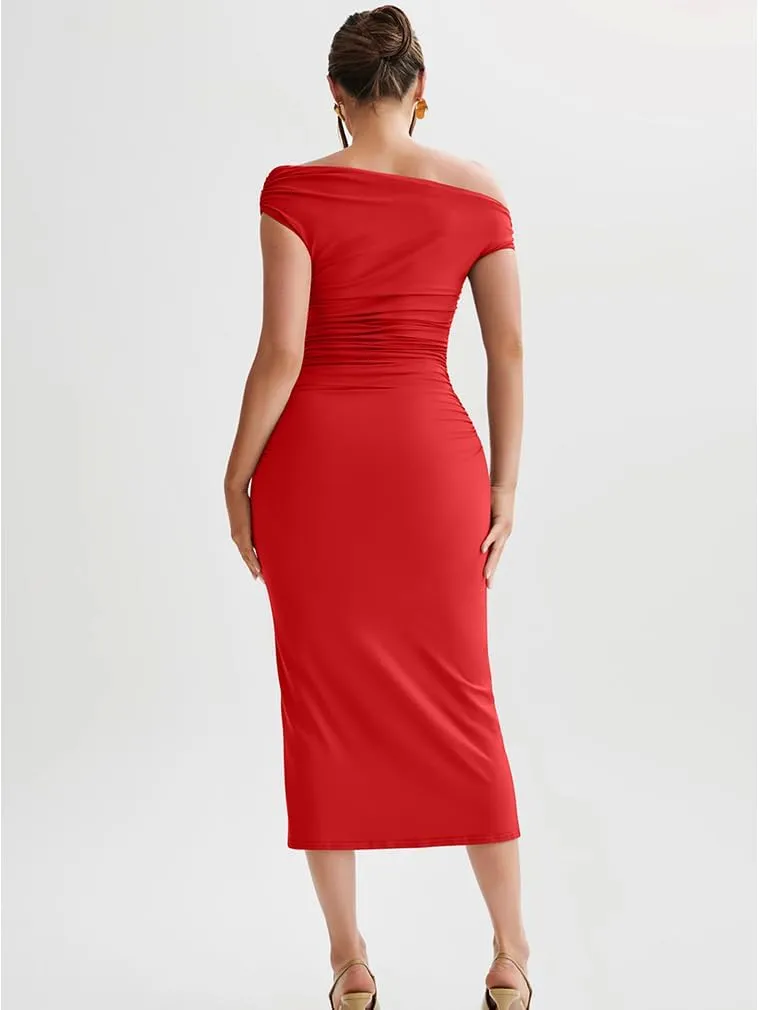 LAGSHIAN Women's Elegant One Shoulder Sleeveless Bodycon Ruched Party Cocktail Formal Midi Dress