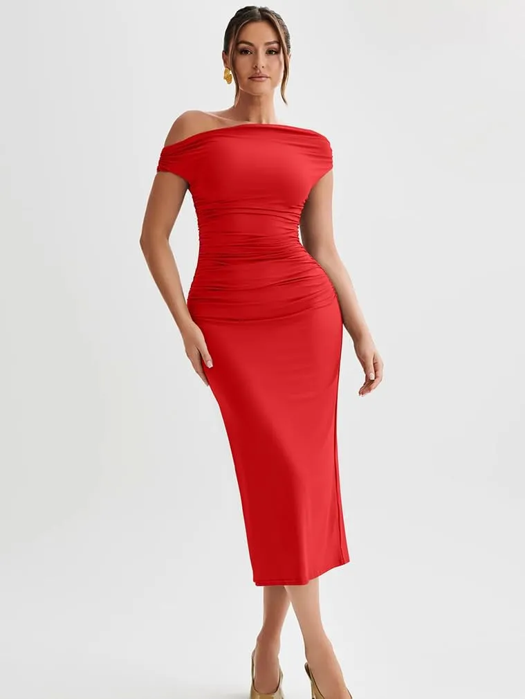 LAGSHIAN Women's Elegant One Shoulder Sleeveless Bodycon Ruched Party Cocktail Formal Midi Dress