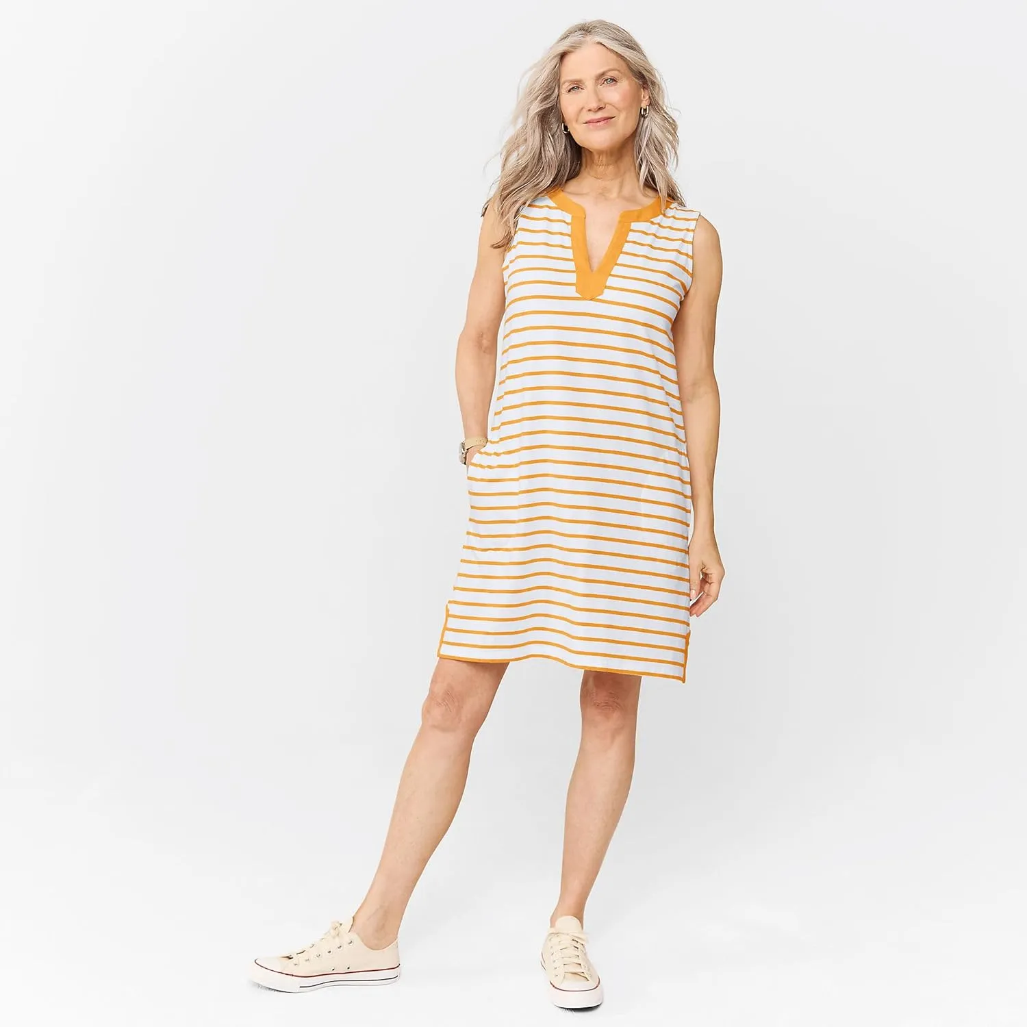 Lands' End Women's Cotton Jersey Notch Neck Dress with Soutache