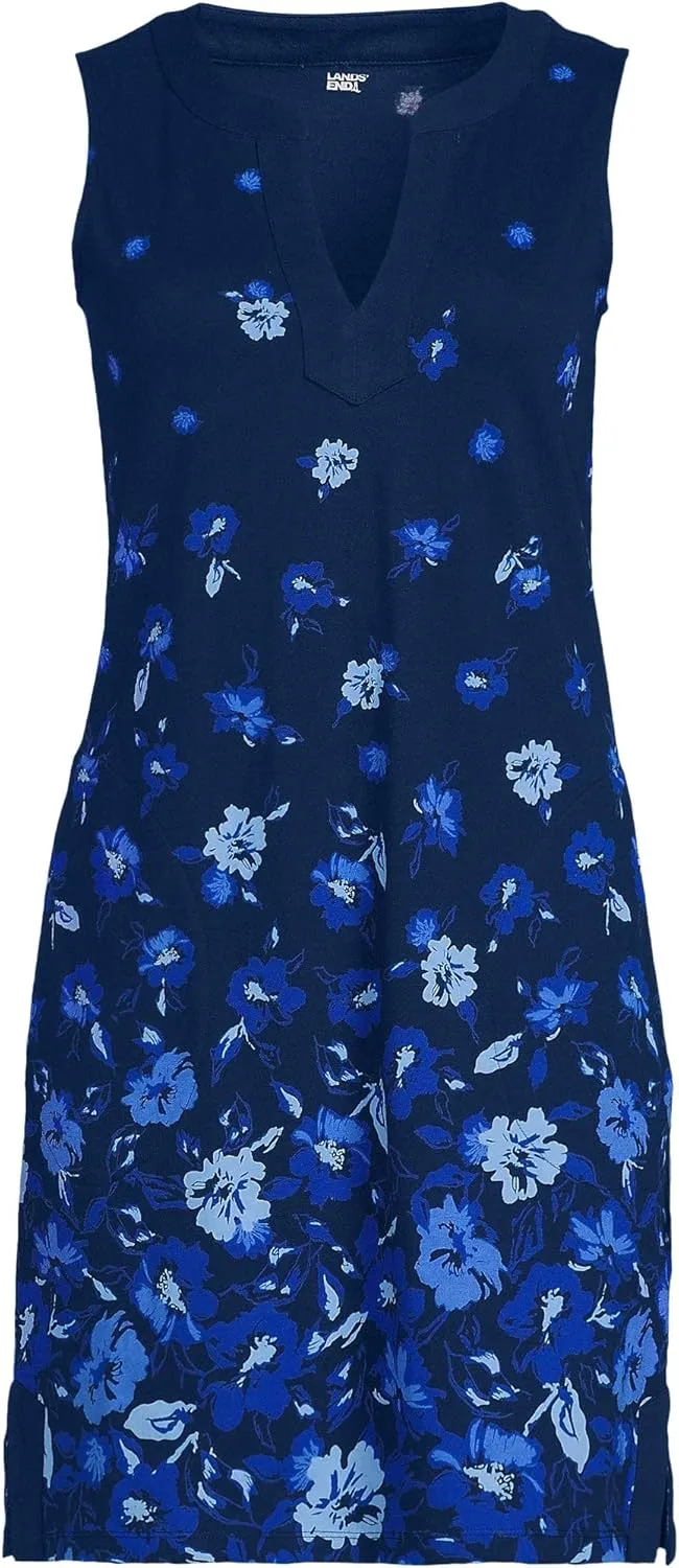 Lands' End Women's Cotton Jersey Notch Neck Dress with Soutache