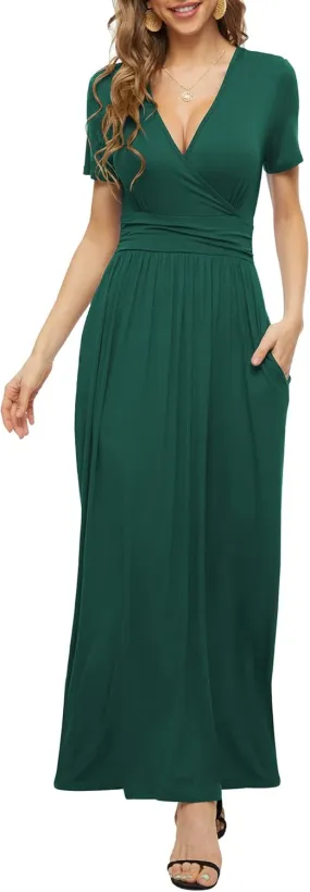 LILBETTER Women's Summer Short Sleeves Dress Wrap Waist Maxi Dresses with Pockets