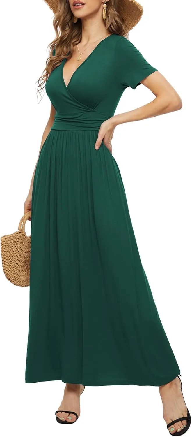 LILBETTER Women's Summer Short Sleeves Dress Wrap Waist Maxi Dresses with Pockets