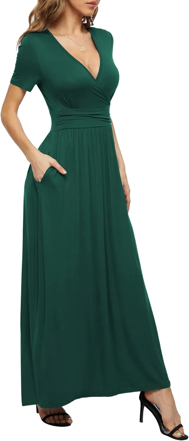 LILBETTER Women's Summer Short Sleeves Dress Wrap Waist Maxi Dresses with Pockets