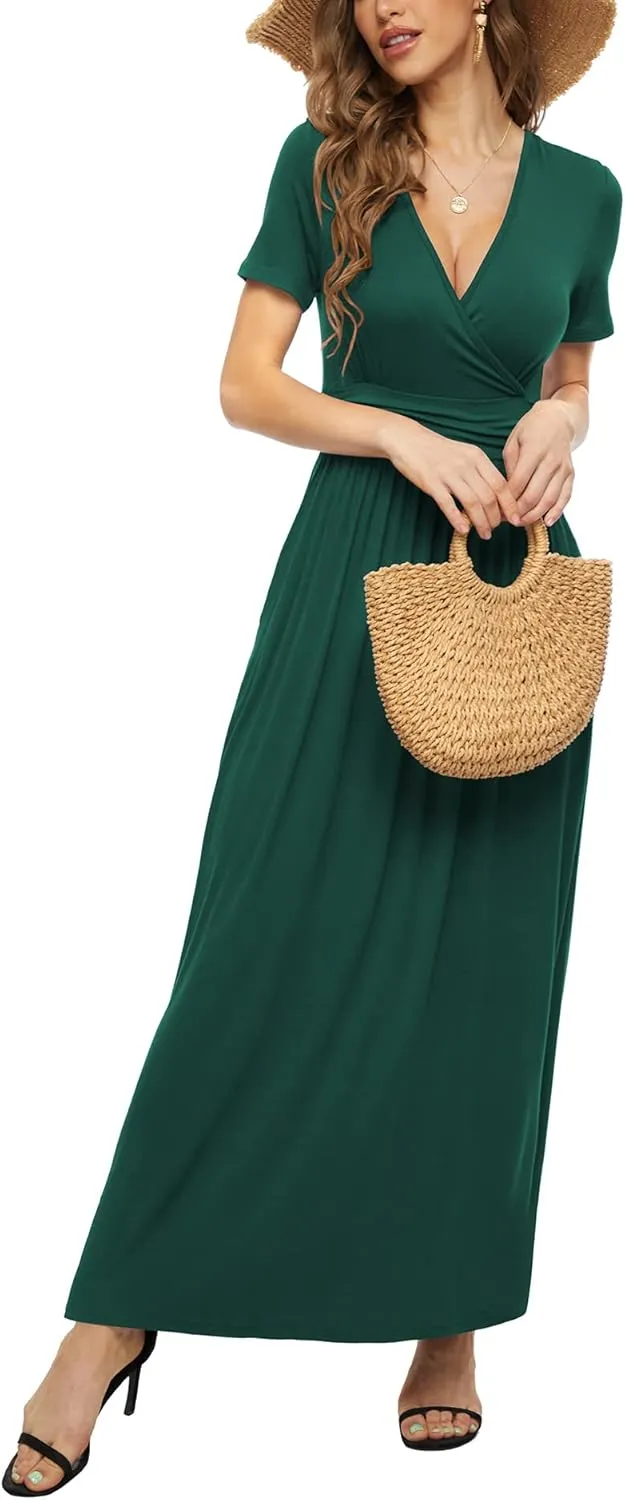 LILBETTER Women's Summer Short Sleeves Dress Wrap Waist Maxi Dresses with Pockets