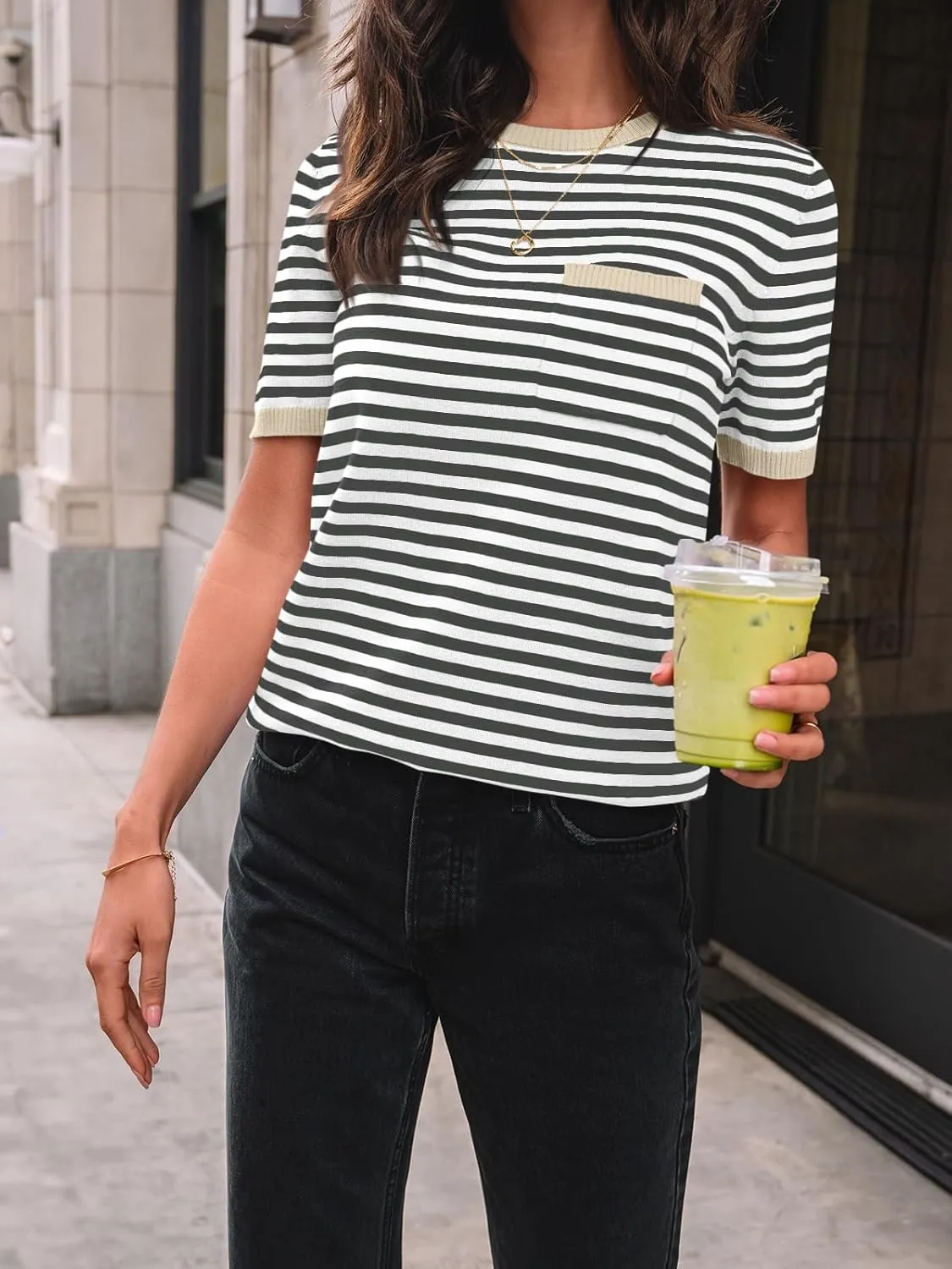 LILLUSORY Womens Striped Short Sleeve Sweater Pullover Shirts with Chest Pocket