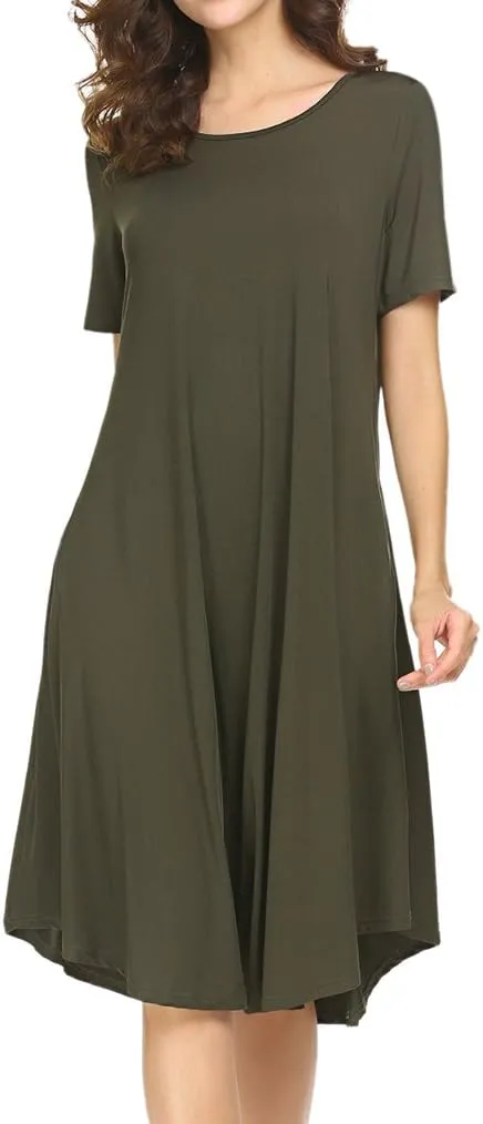Locryz Women's Short Sleeve Pocket Swing Midi Dress Casual Loose T-Shirt Dress