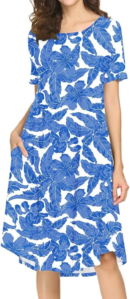 Locryz Women's Short Sleeve Pocket Swing Midi Dress Casual Loose T-Shirt Dress