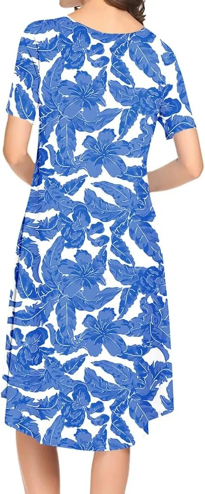 Locryz Women's Short Sleeve Pocket Swing Midi Dress Casual Loose T-Shirt Dress