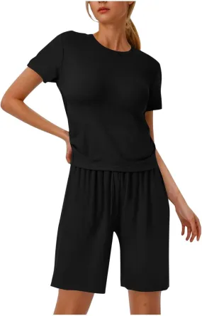 Lounge Set Women 2 Piece Summer Outfits Soft Pajama Set Basic Comfy Short Sleeve Tops Elastic Waist Yoga Shorts