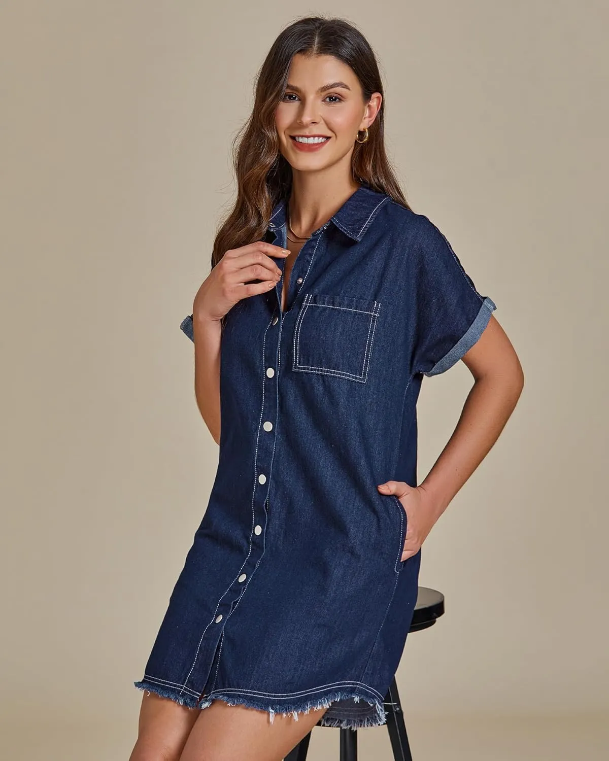 luvamia Denim Dress for Women Button Down Short Sleeves Casual Summer Jean Shirt Dresses with Pockets Frayed Hem