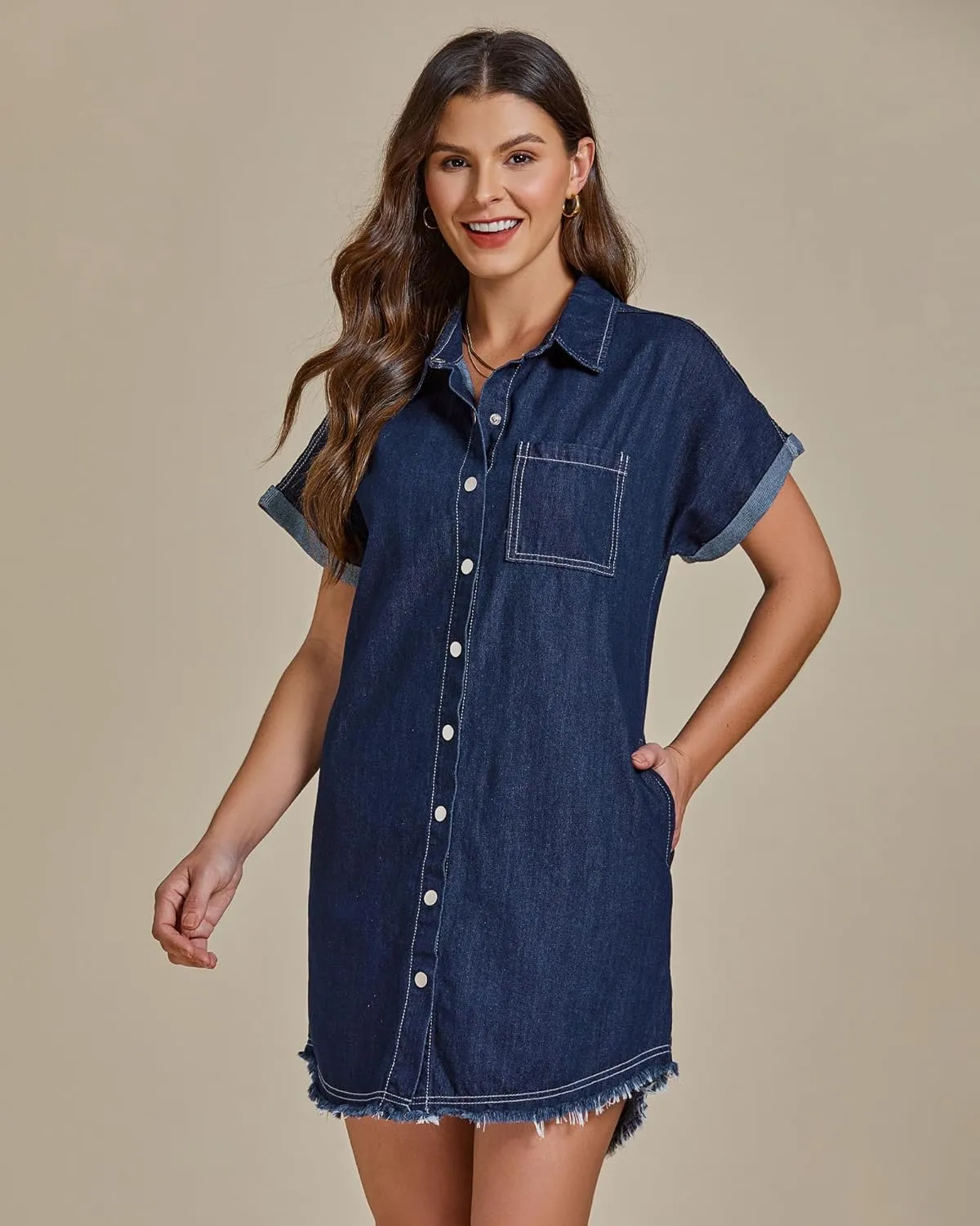 luvamia Denim Dress for Women Button Down Short Sleeves Casual Summer Jean Shirt Dresses with Pockets Frayed Hem