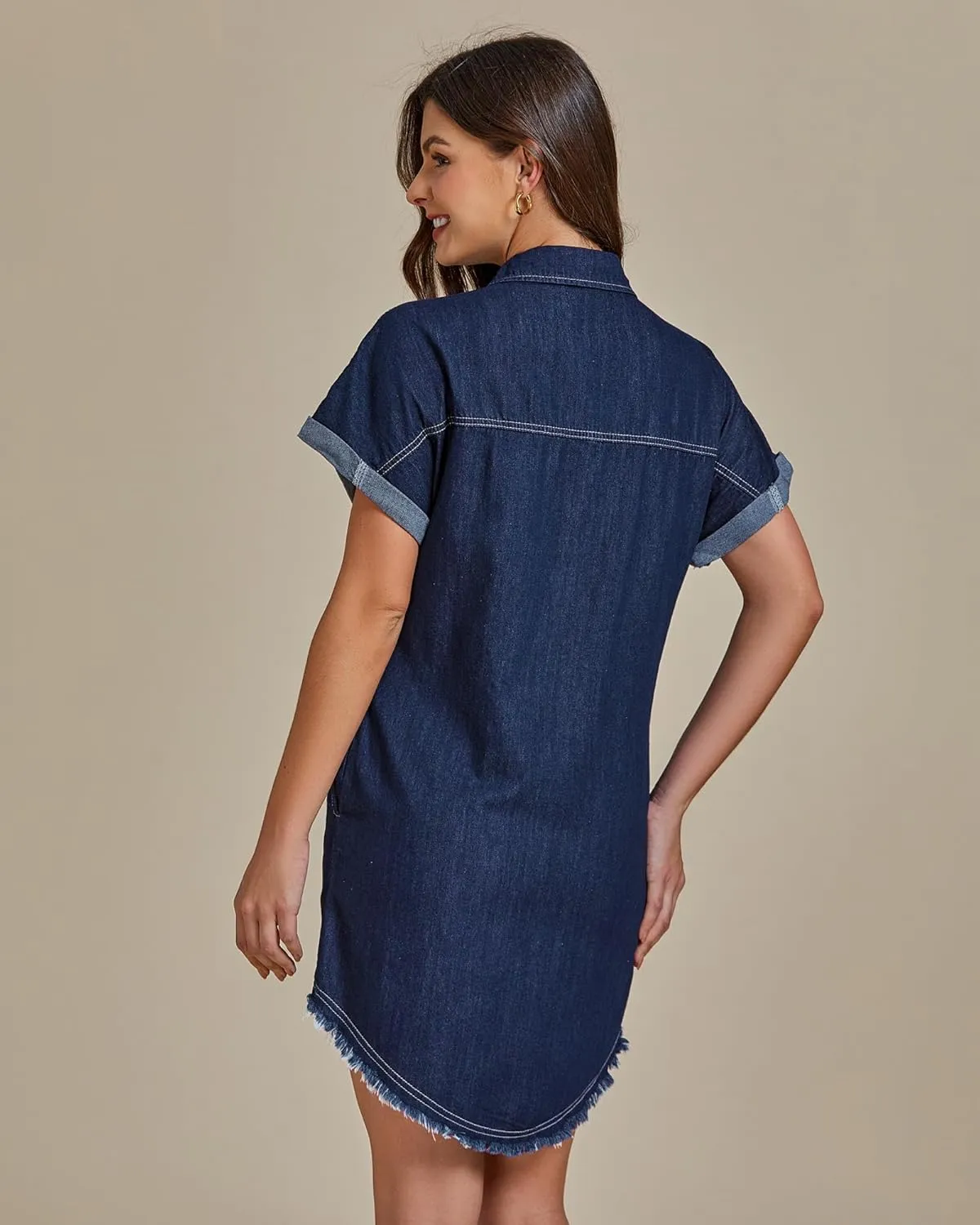 luvamia Denim Dress for Women Button Down Short Sleeves Casual Summer Jean Shirt Dresses with Pockets Frayed Hem