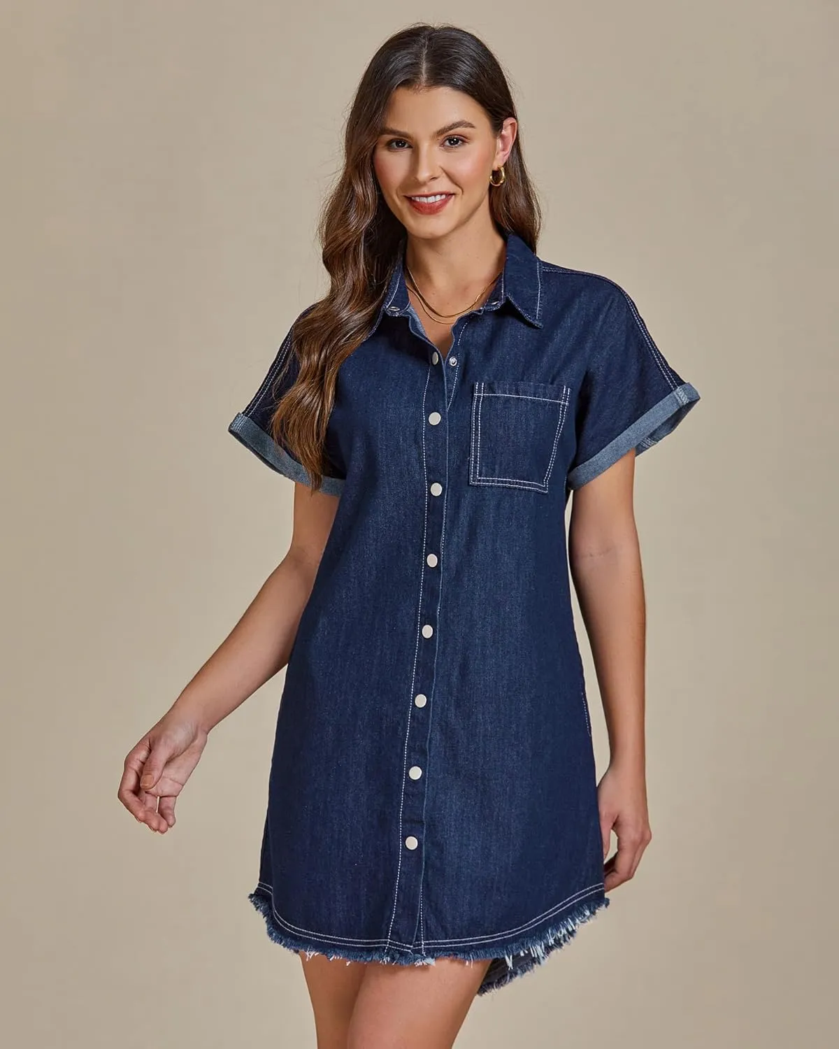 luvamia Denim Dress for Women Button Down Short Sleeves Casual Summer Jean Shirt Dresses with Pockets Frayed Hem