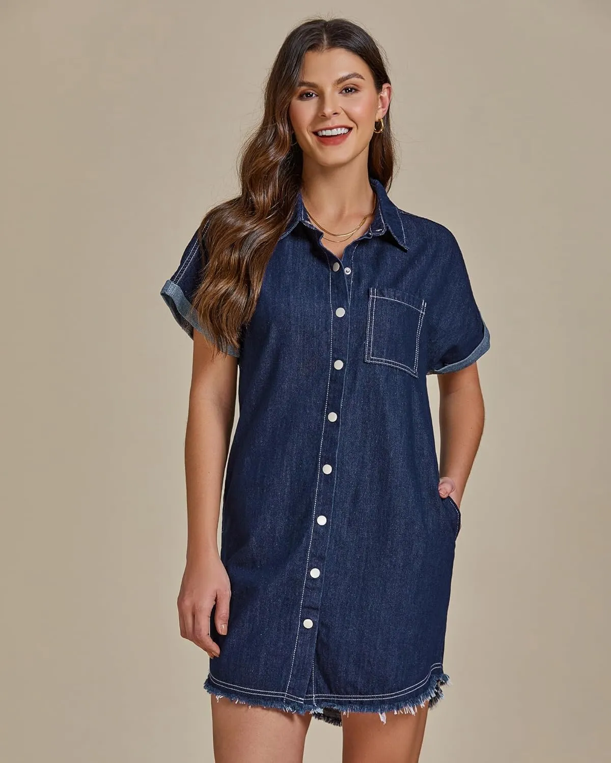 luvamia Denim Dress for Women Button Down Short Sleeves Casual Summer Jean Shirt Dresses with Pockets Frayed Hem
