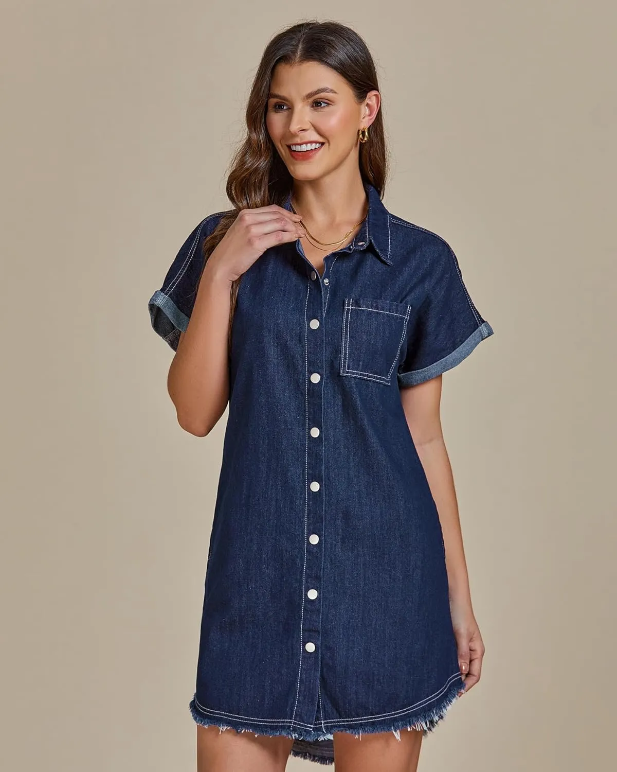 luvamia Denim Dress for Women Button Down Short Sleeves Casual Summer Jean Shirt Dresses with Pockets Frayed Hem