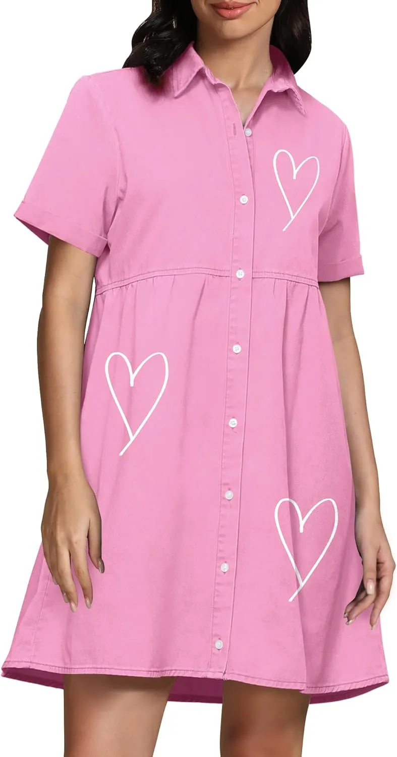 luvamia Women's Casual Short Sleeve Button Down Tiered Denim Babydoll Jean Dress