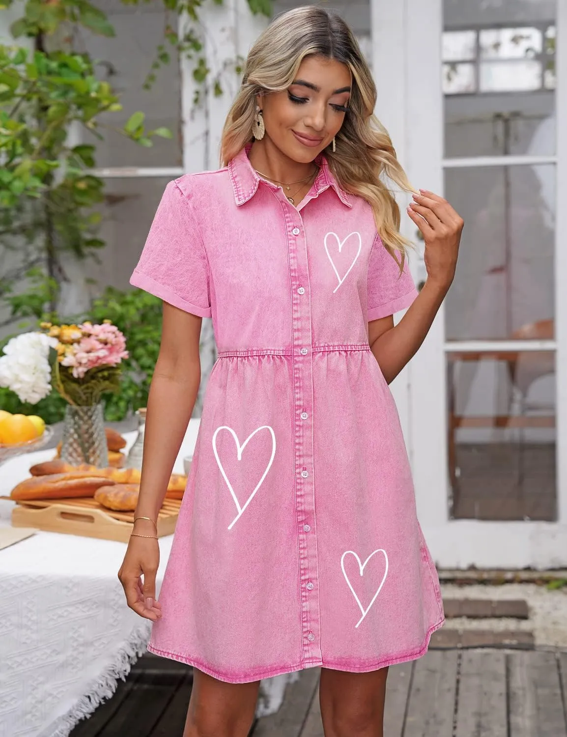 luvamia Women's Casual Short Sleeve Button Down Tiered Denim Babydoll Jean Dress