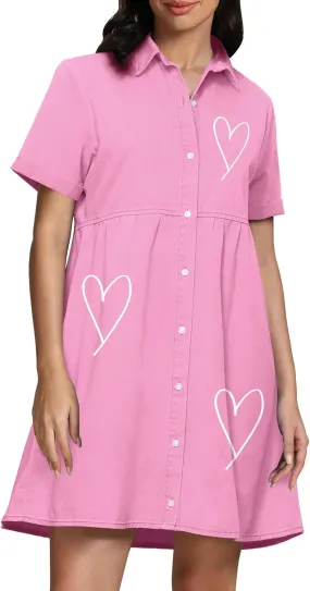 luvamia Women's Casual Short Sleeve Button Down Tiered Denim Babydoll Jean Dress