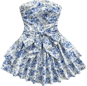 MakeMeChic Women's Ditsy Floral Bandeau Ruffle Tiered Shirred Bow Knot A Line Mini Dress
