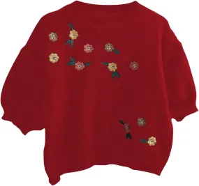 MakeMeChic Women's Floral Embroidery Crew Neck Sweater Short Sleeve Pullover Top