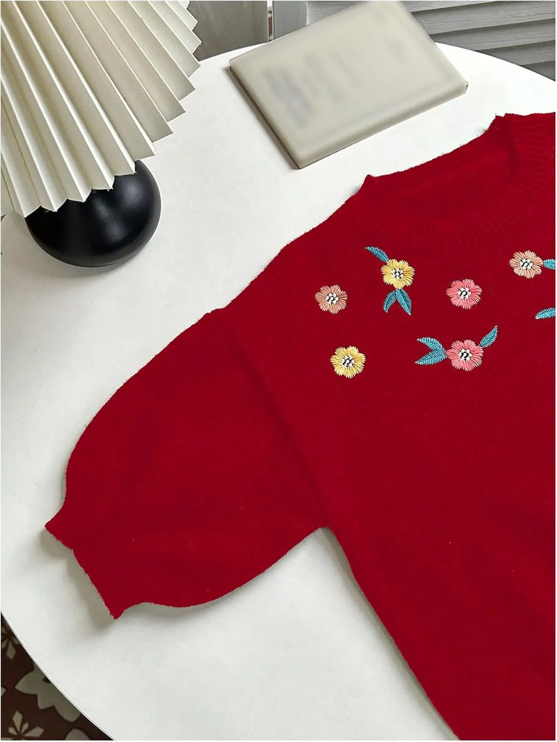 MakeMeChic Women's Floral Embroidery Crew Neck Sweater Short Sleeve Pullover Top