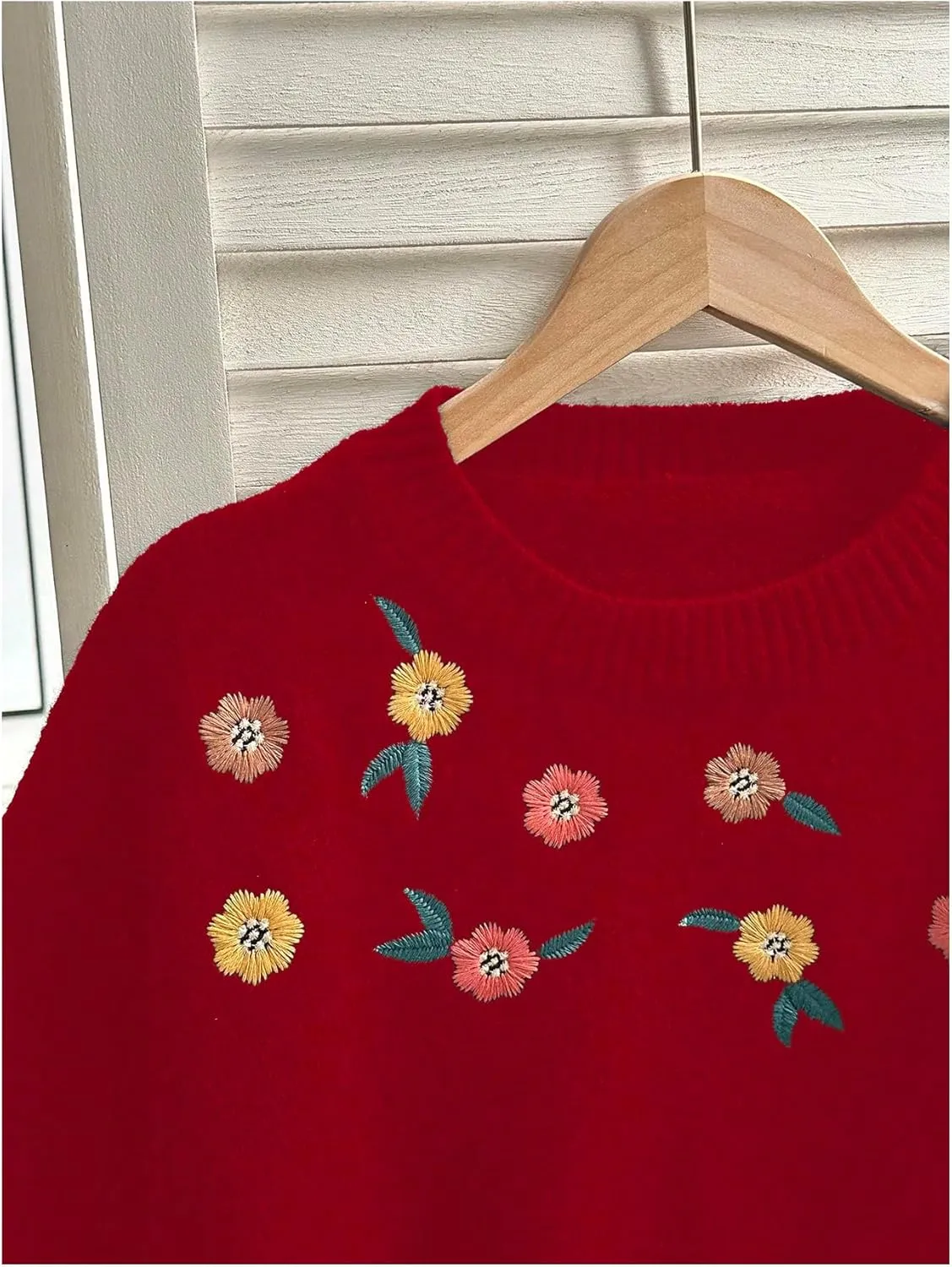 MakeMeChic Women's Floral Embroidery Crew Neck Sweater Short Sleeve Pullover Top