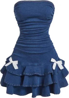 MakeMeChic Women's Ruched Bandeau Denim Mini Dress Bow Knot Ruffle Tiered Dresses