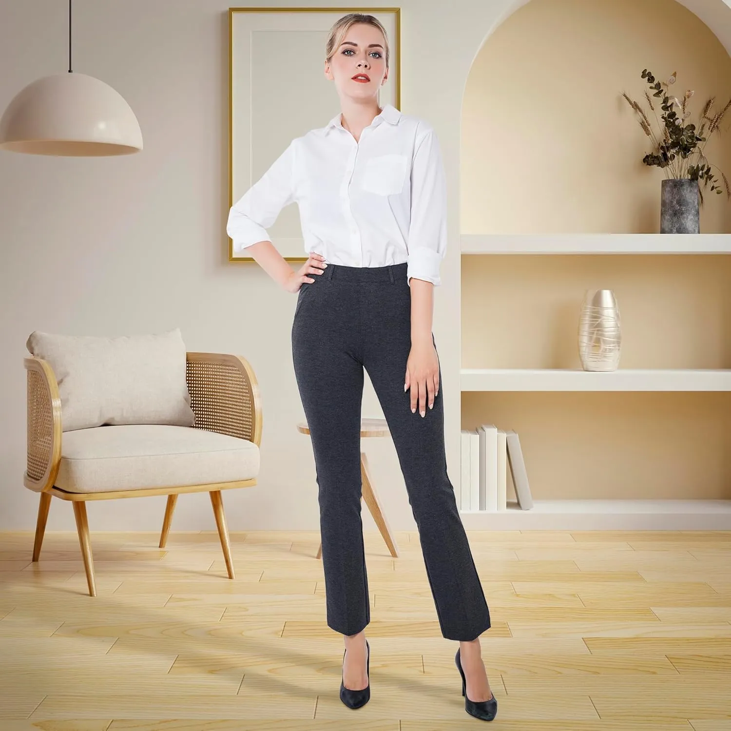 Marycrafts Women's Pull On Stretch Yoga Straight Dress Work Pants 29" /31"/33"