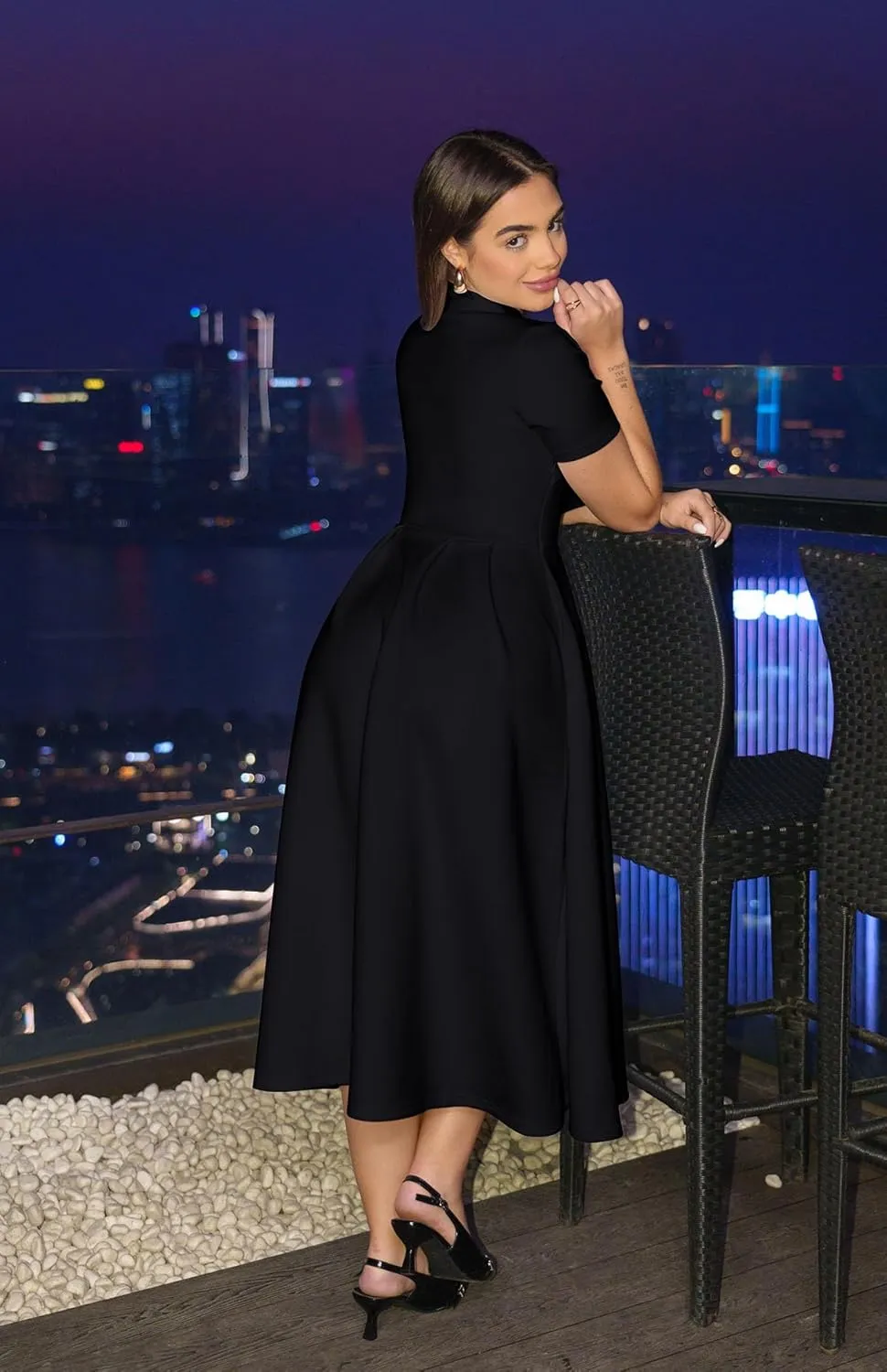 Memoriesea Women's Elegant Casual Short Sleeve Work Party A-Line Dress with Pockets