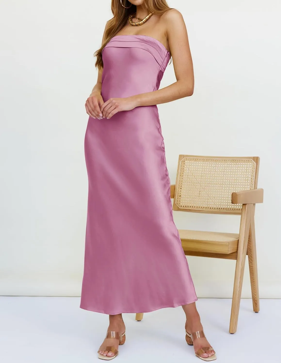 MEROKEETY Women 2025 Summer Strapless Satin Tube Bodycon Backless Wedding Guest Maxi Dress