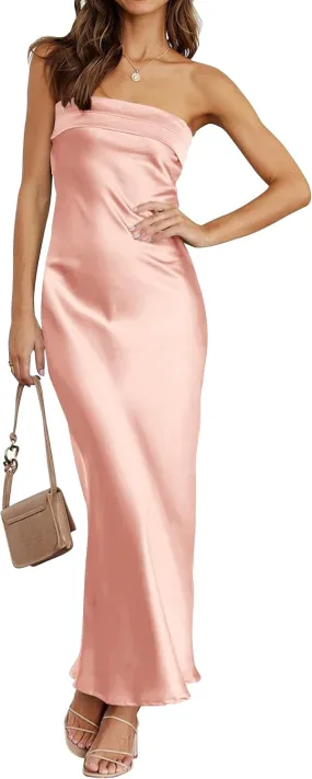 MEROKEETY Women 2025 Summer Strapless Satin Tube Bodycon Backless Wedding Guest Maxi Dress