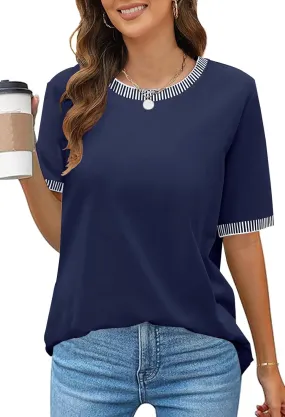 MEROKEETY Women's 2025 Short Sleeve Striped Color Block T Shirts Crewneck Loose Casual Tee Tops