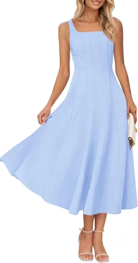 MEROKEETY Women's 2025 Summer Sleeveless Midi Dress Square Neck Smocked Flowy A Line Beach Dresses