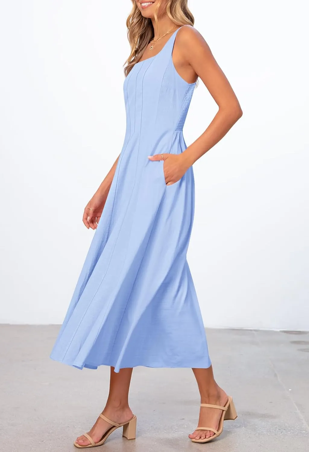MEROKEETY Women's 2025 Summer Sleeveless Midi Dress Square Neck Smocked Flowy A Line Beach Dresses