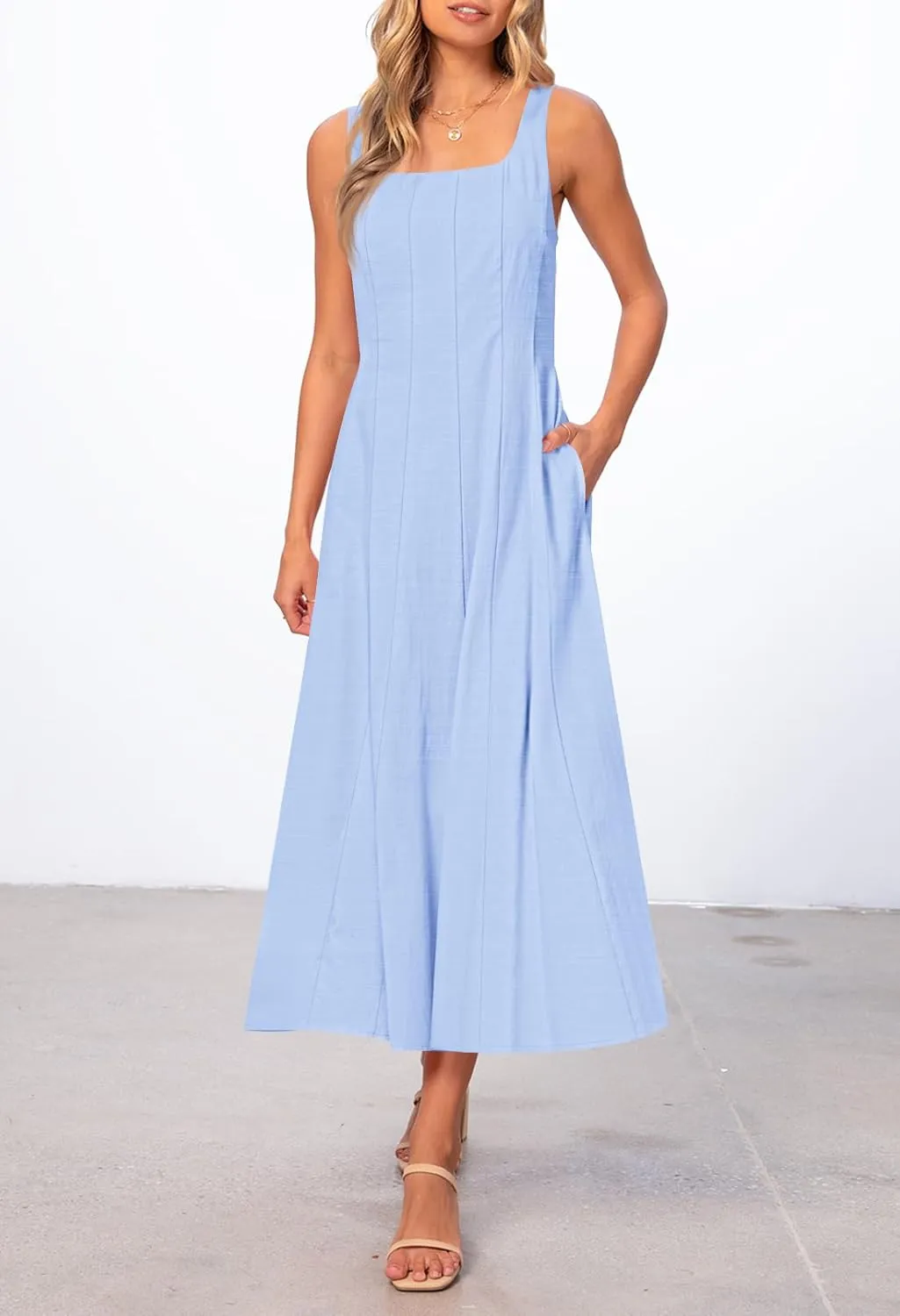 MEROKEETY Women's 2025 Summer Sleeveless Midi Dress Square Neck Smocked Flowy A Line Beach Dresses