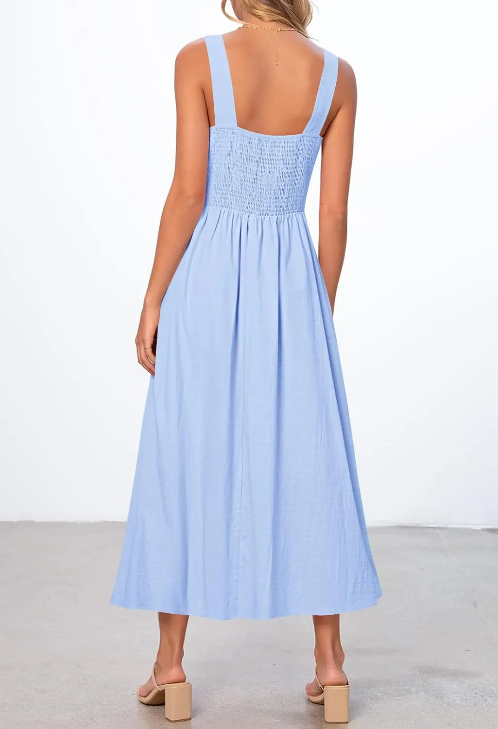 MEROKEETY Women's 2025 Summer Sleeveless Midi Dress Square Neck Smocked Flowy A Line Beach Dresses