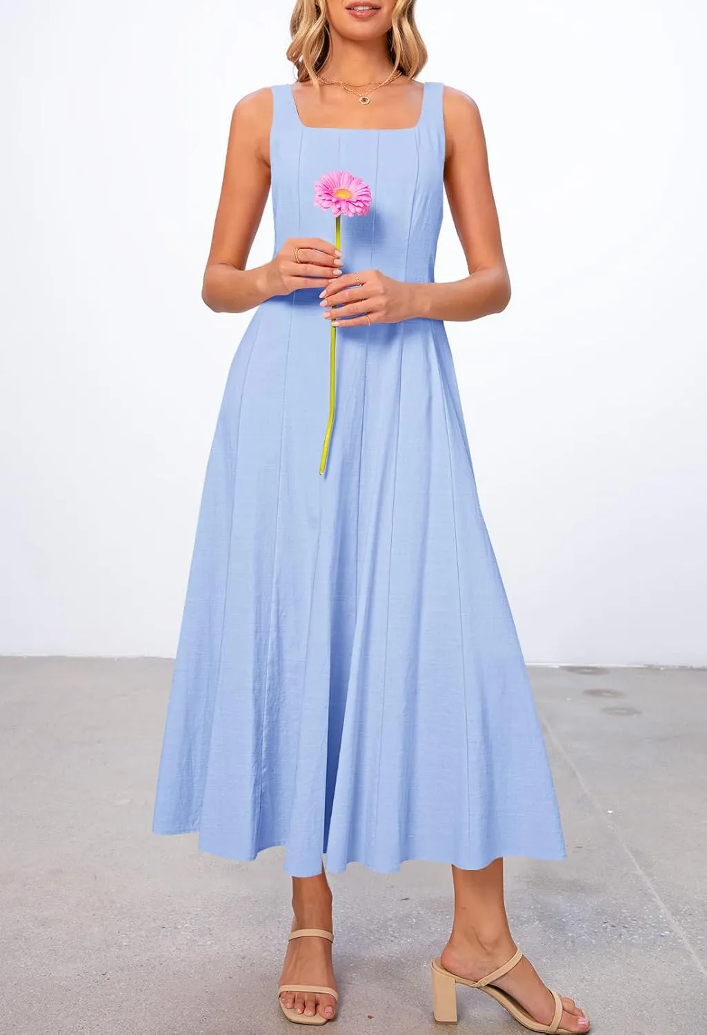 MEROKEETY Women's 2025 Summer Sleeveless Midi Dress Square Neck Smocked Flowy A Line Beach Dresses
